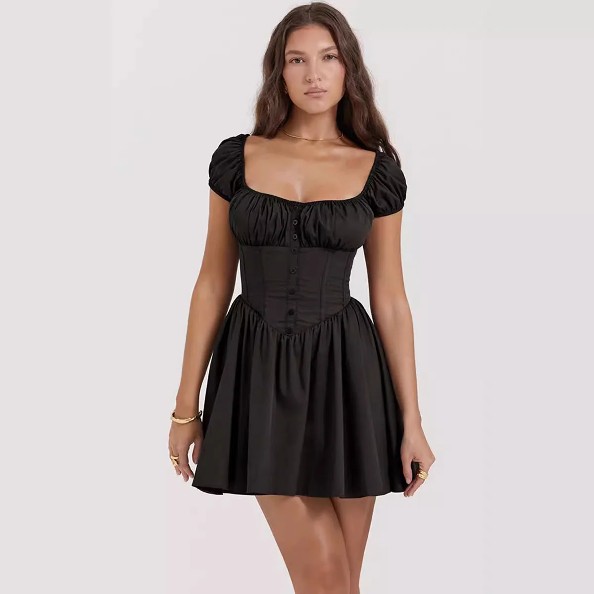 Ladies Mini Dress – Slim Fit – Puff Sleeves – Square Neck – Button Closure – Cotton - Image 2