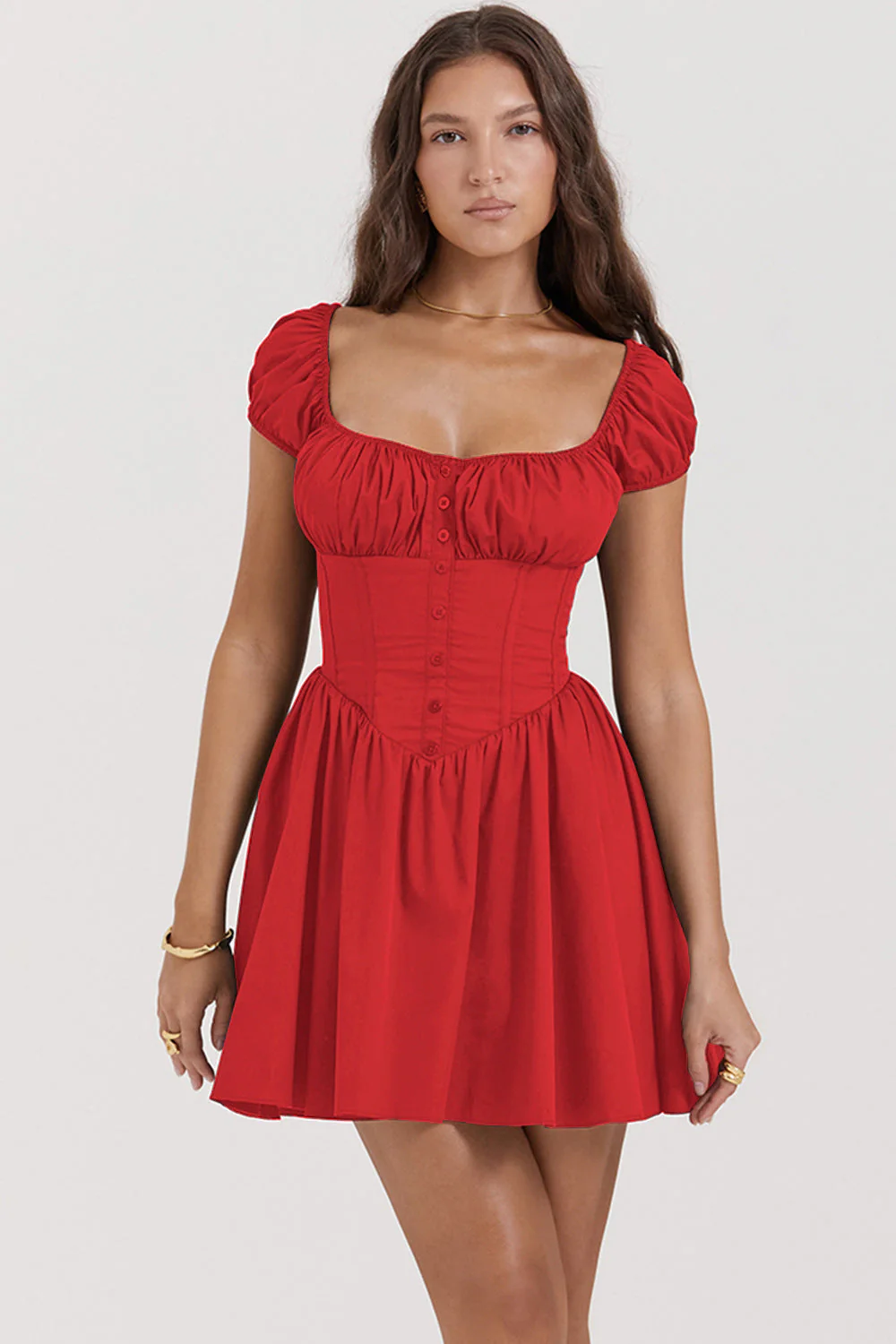 Ladies Mini Dress – Slim Fit – Puff Sleeves – Square Neck – Button Closure – Cotton - Image 5