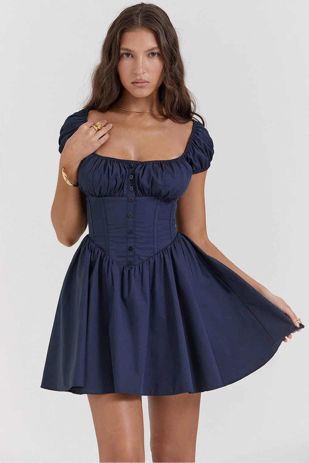 Ladies Mini Dress – Slim Fit – Puff Sleeves – Square Neck – Button Closure – Cotton - Image 7