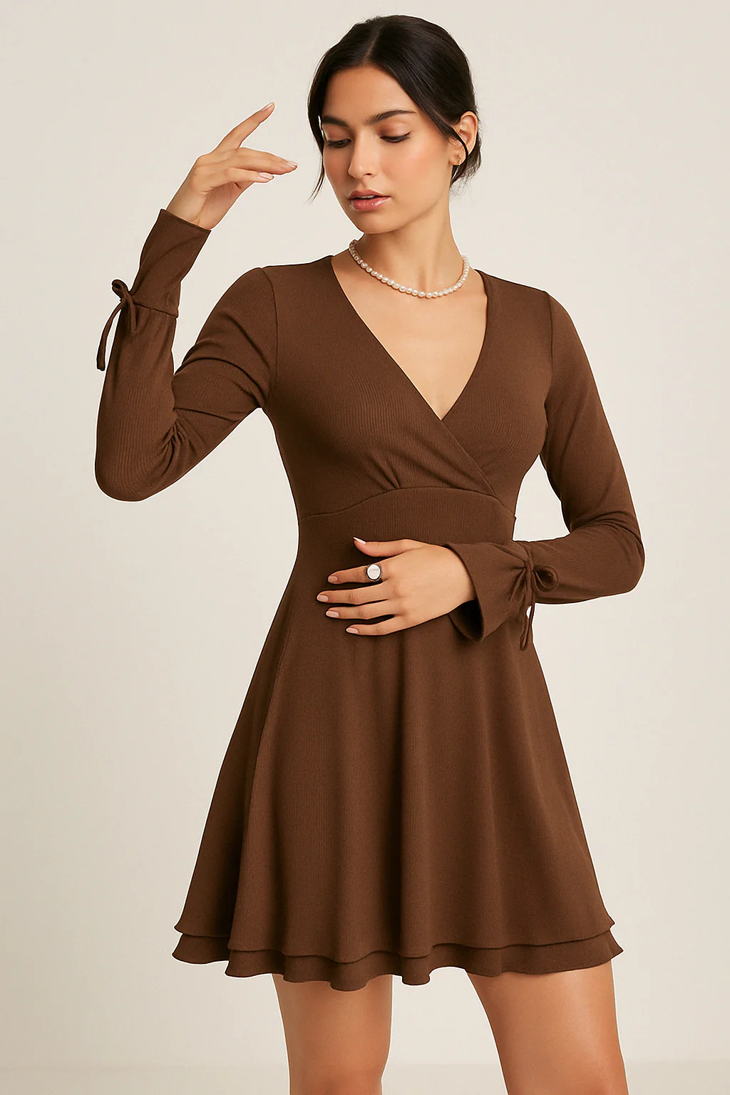 Women's Mini Dress – Slim Fit – V-neck – Low Back – Flared Sleeves – Ruffle Hem - Image 2