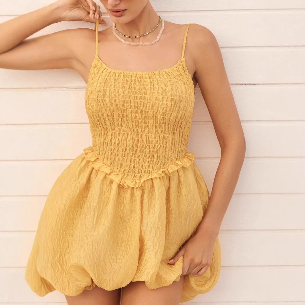 Ladies Mini Dress – Smock Top – Spaghetti Straps – Crinkle Fabric – Bubble Skirt - Image 4