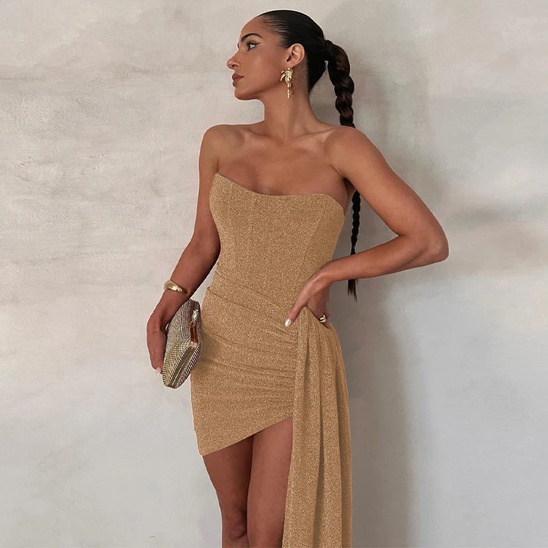 Women's Mini Dress – Strapless Bodycon Fit – Shiny Luxury Fabric – Asymmetrical Hem - Image 2