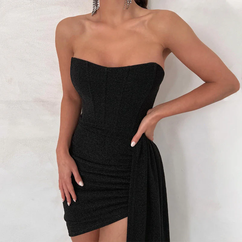 Women's Mini Dress – Strapless Bodycon Fit – Shiny Luxury Fabric – Asymmetrical Hem - Image 3
