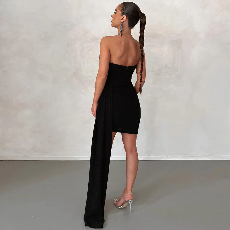 Women's Mini Dress – Strapless Bodycon Fit – Shiny Luxury Fabric – Asymmetrical Hem - Image 4