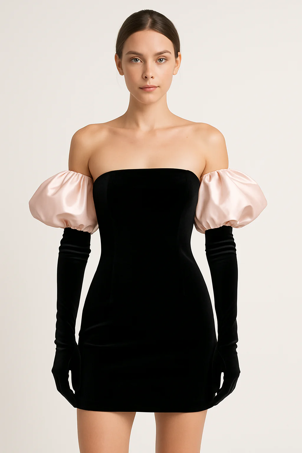Women's mini-dress – Strapless bodycon fit – Puff sleeves – Shiny luxury fabric - Image 2