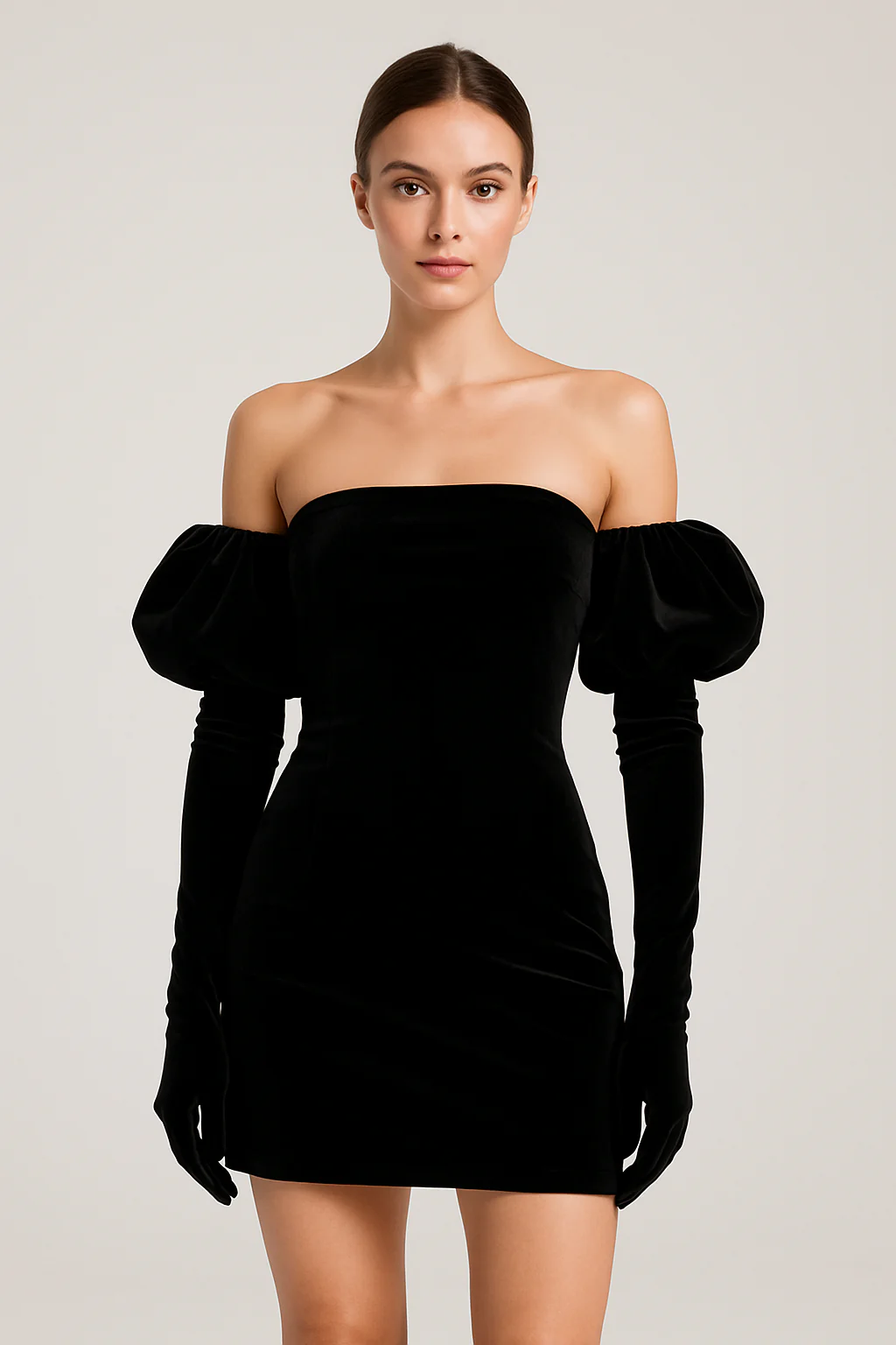Women's mini-dress – Strapless bodycon fit – Puff sleeves – Shiny luxury fabric - Image 3