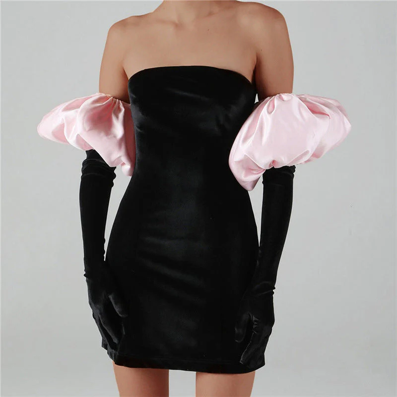 Women's mini-dress – Strapless bodycon fit – Puff sleeves – Shiny luxury fabric - Image 4