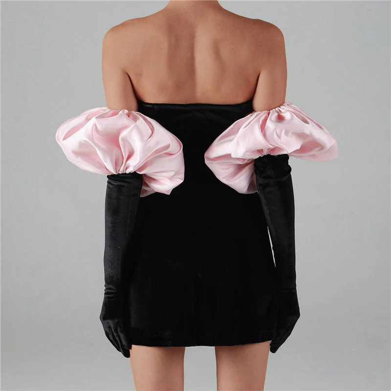 Women's mini-dress – Strapless bodycon fit – Puff sleeves – Shiny luxury fabric - Image 5