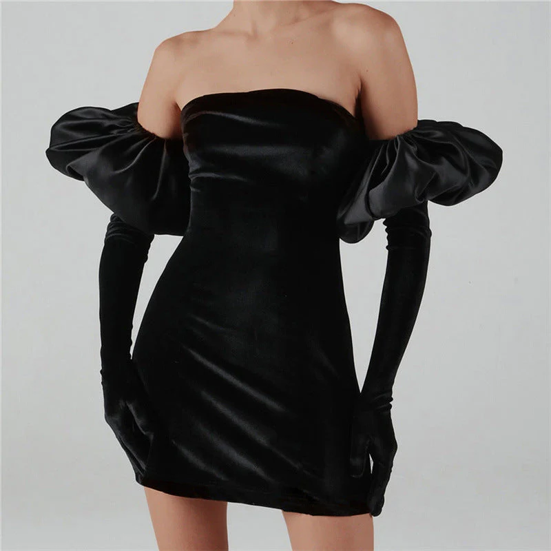 Women's mini-dress – Strapless bodycon fit – Puff sleeves – Shiny luxury fabric - Image 6