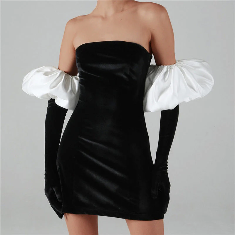 Women's mini-dress – Strapless bodycon fit – Puff sleeves – Shiny luxury fabric - Image 7