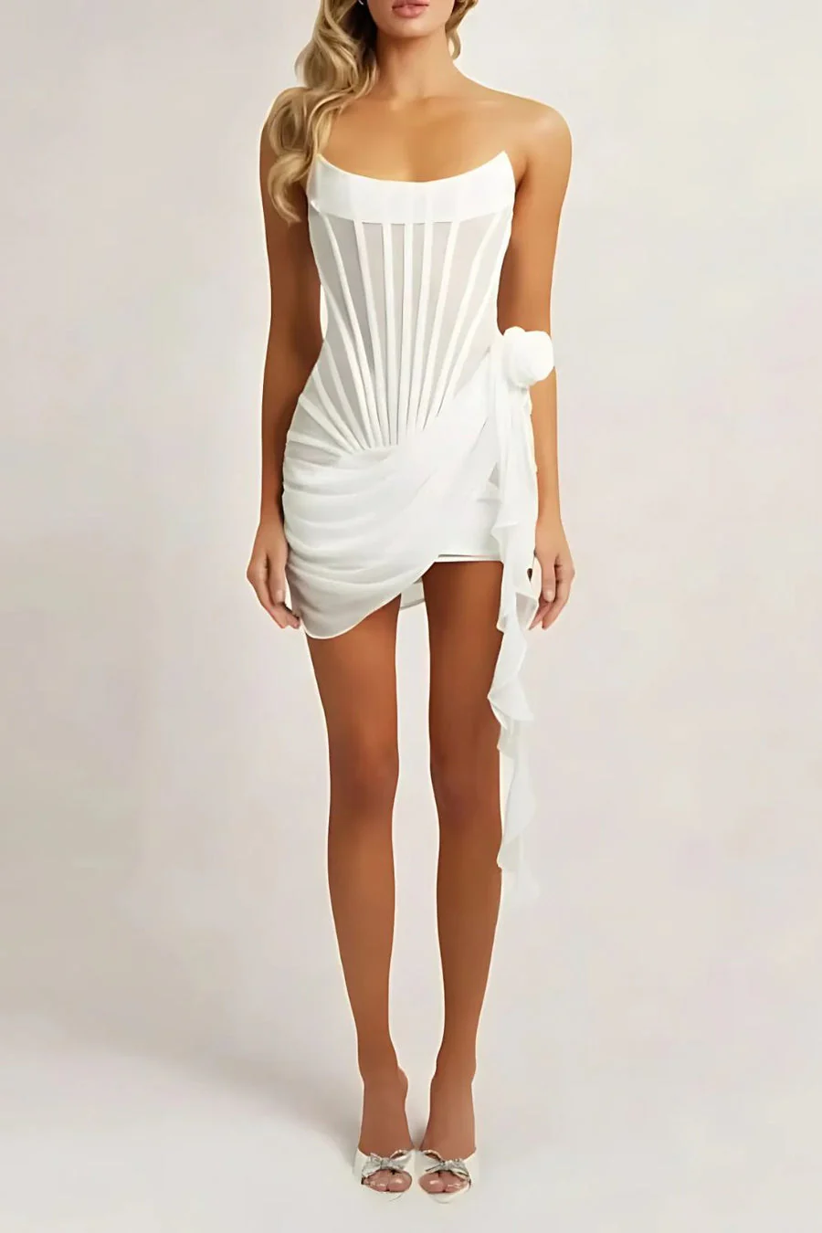 Ladies Mini Dress – Strapless – Sheer Luxe Fabric – Draping – Lined Boned Corset - Image 4
