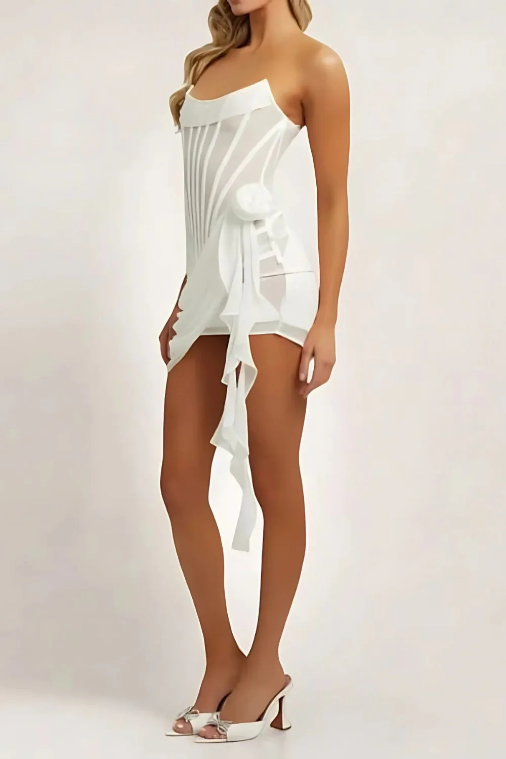 Ladies Mini Dress – Strapless – Sheer Luxe Fabric – Draping – Lined Boned Corset - Image 5