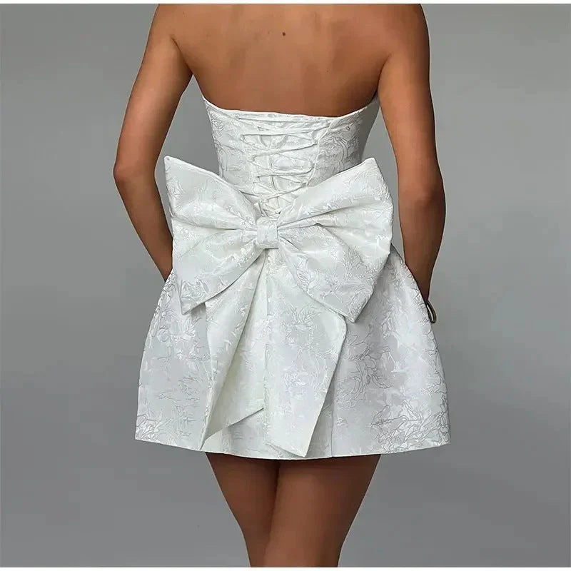 Ladies Mini Dress – Strapless Sweetheart Neckline – Jacquard Texture – Back Bow - Image 2