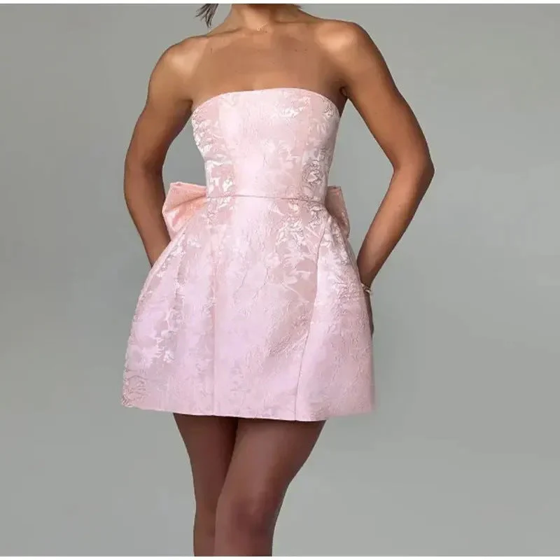 Ladies Mini Dress – Strapless Sweetheart Neckline – Jacquard Texture – Back Bow - Image 3