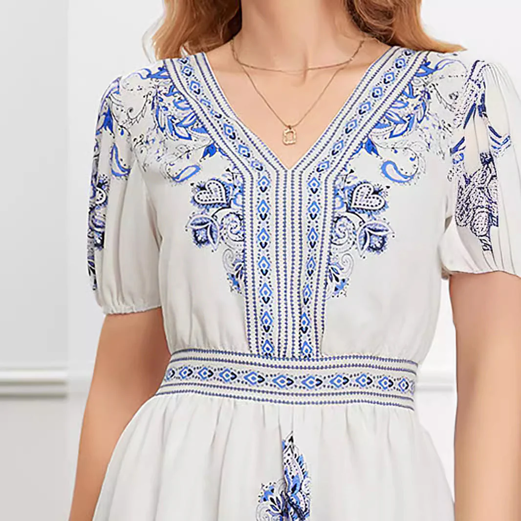 Women's Mini Dress – V-Neck – Short Sleeve – Print – Relaxed Fit – Cotton - Image 4