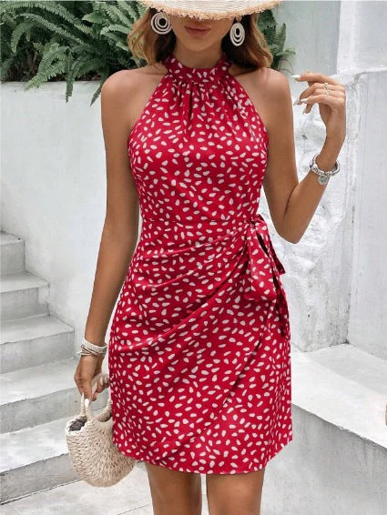 Women's mini wrap dress – Halterneck – Sleeveless – Fitted – Ruffles – Luxury fabric - Image 5