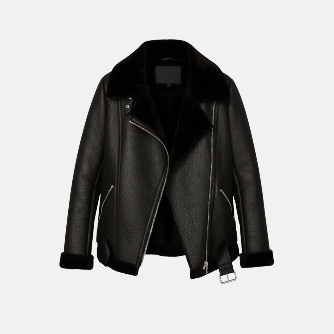 Women's Motorcycle Jacket – Loose Fit – Shearling Lining – Asymmetrical Zipper – Belt - Image 2