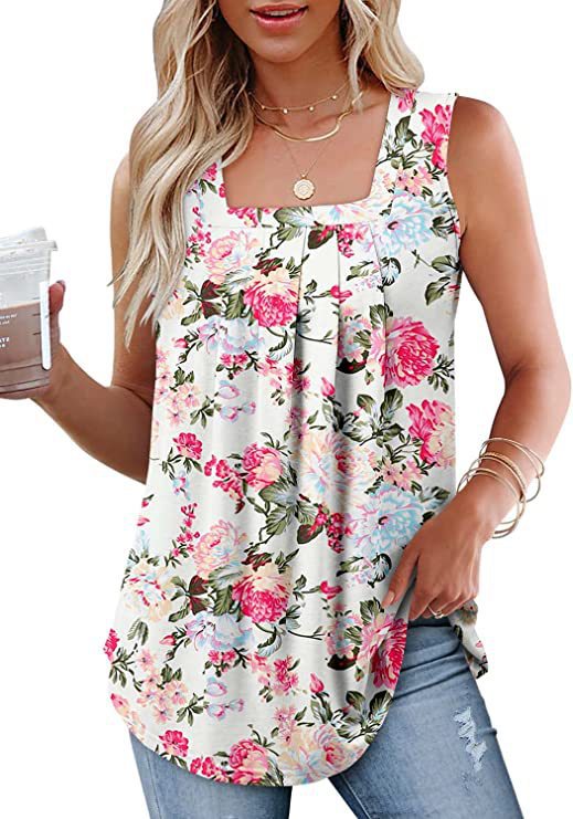 Women's sleeveless T-shirt – Relaxed Fit – Square Neck – Floral Print – Breathable Fabric - Image 2