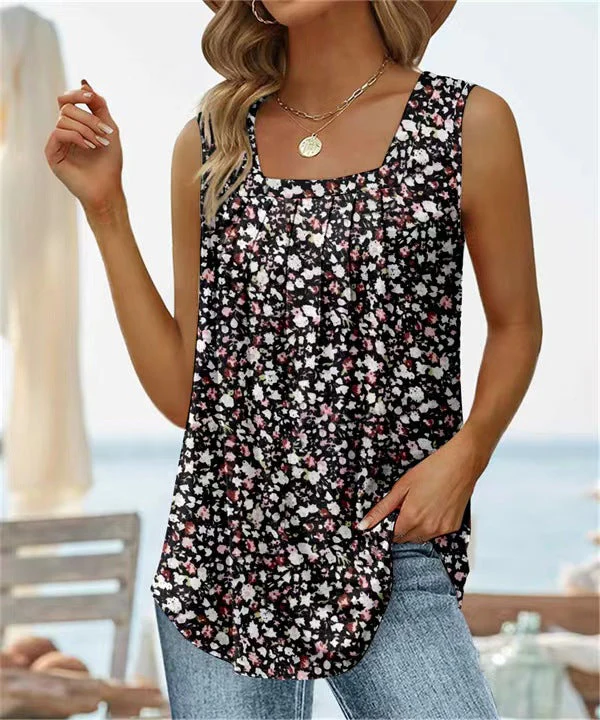 Women's sleeveless T-shirt – Relaxed Fit – Square Neck – Floral Print – Breathable Fabric - Image 3