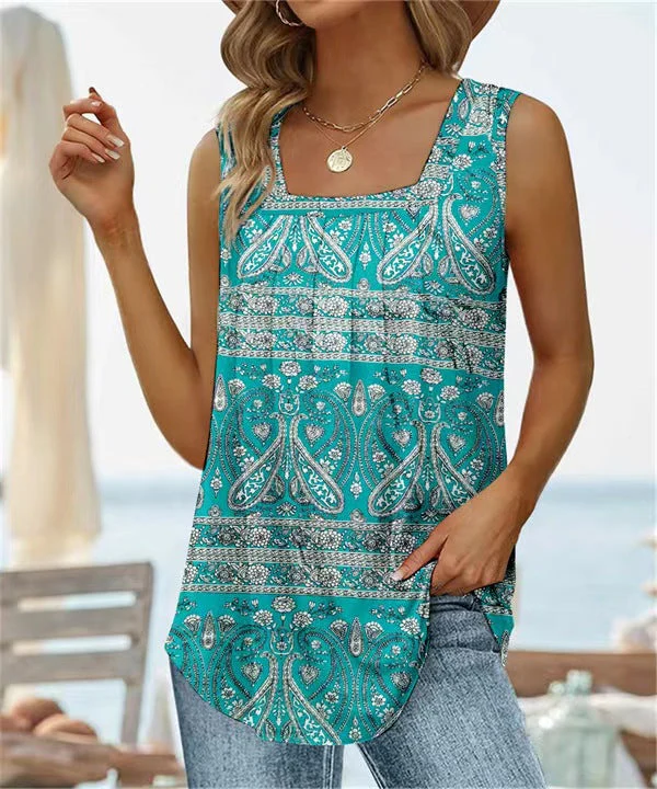 Women's sleeveless T-shirt – Relaxed Fit – Square Neck – Floral Print – Breathable Fabric - Image 4
