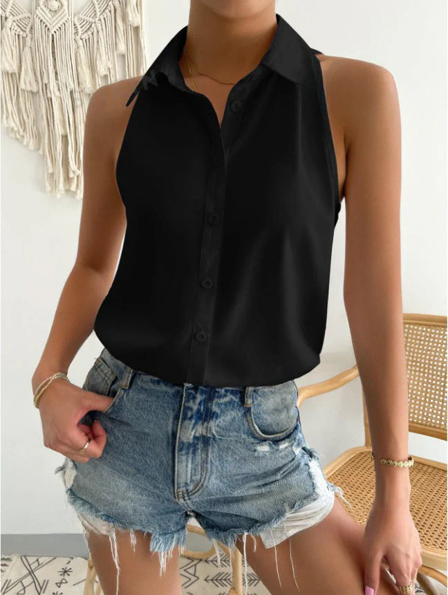 Women's Sleeveless Blouse – Relaxed Fit – Shiny Luxury Fabric – Button Closure – Hip Length - Image 2