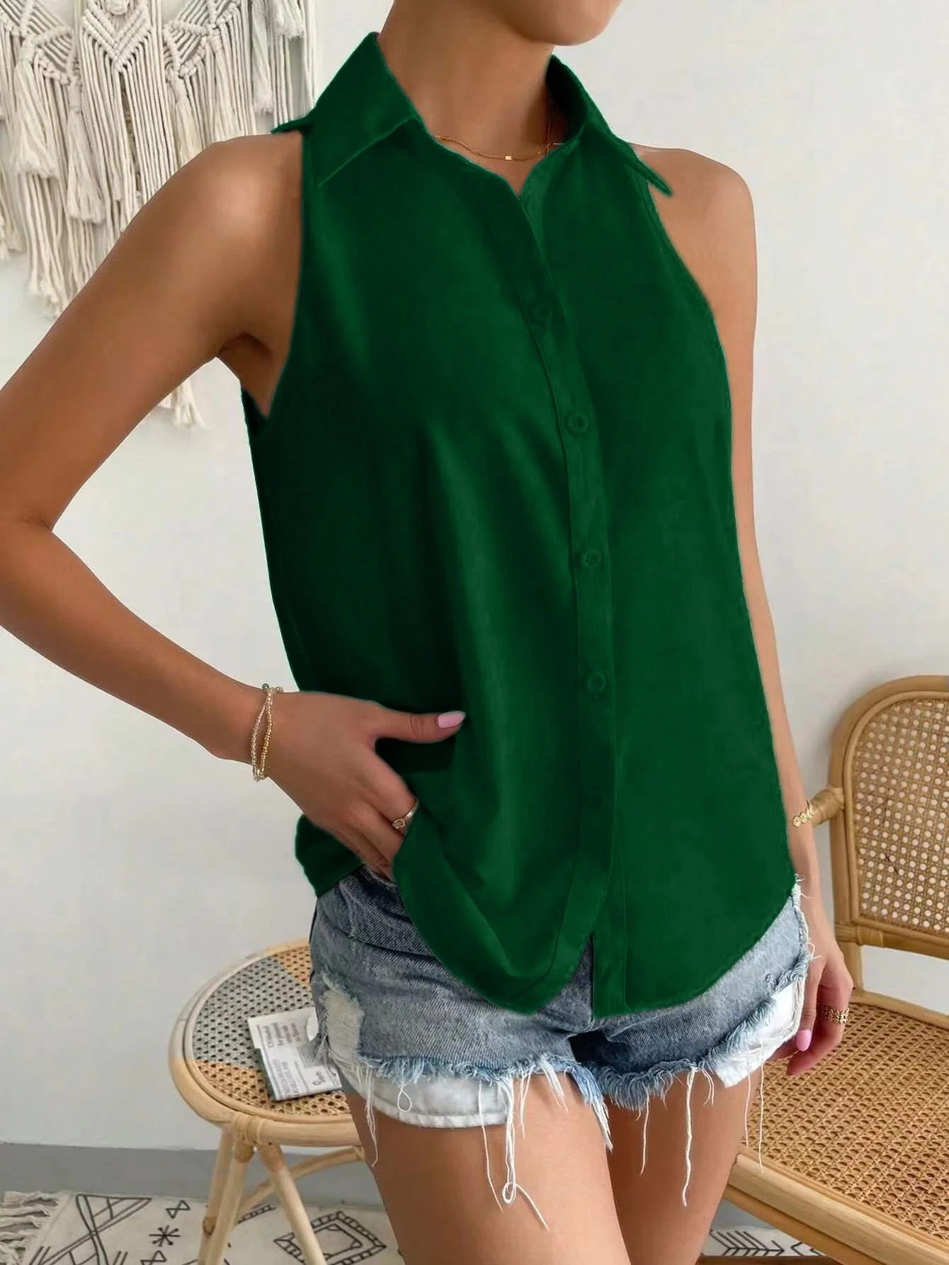 Women's Sleeveless Blouse – Relaxed Fit – Shiny Luxury Fabric – Button Closure – Hip Length - Image 3