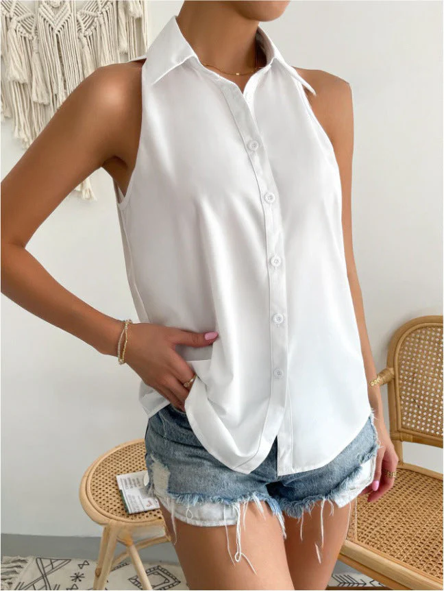 Women's Sleeveless Blouse – Relaxed Fit – Shiny Luxury Fabric – Button Closure – Hip Length - Image 4