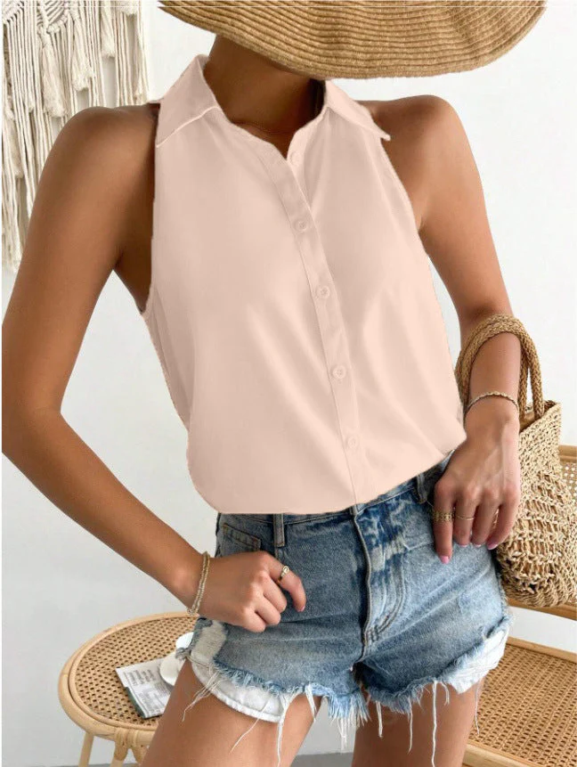 Women's Sleeveless Blouse – Relaxed Fit – Shiny Luxury Fabric – Button Closure – Hip Length - Image 5