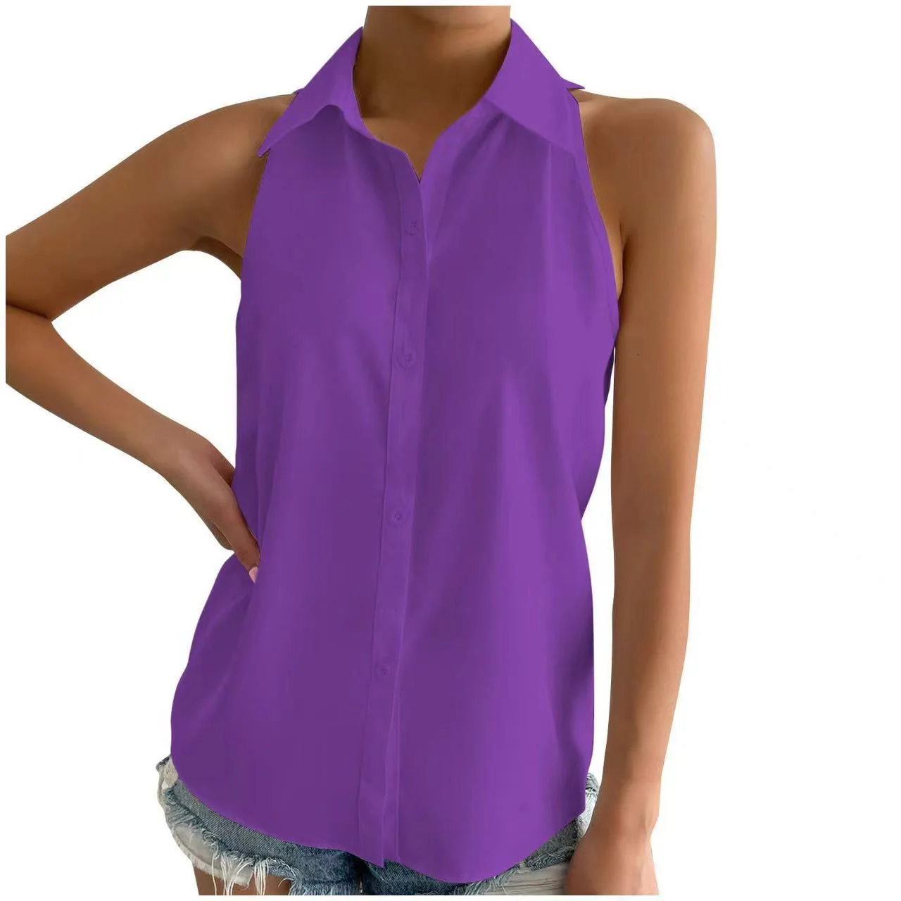 Women's Sleeveless Blouse – Relaxed Fit – Shiny Luxury Fabric – Button Closure – Hip Length - Image 6