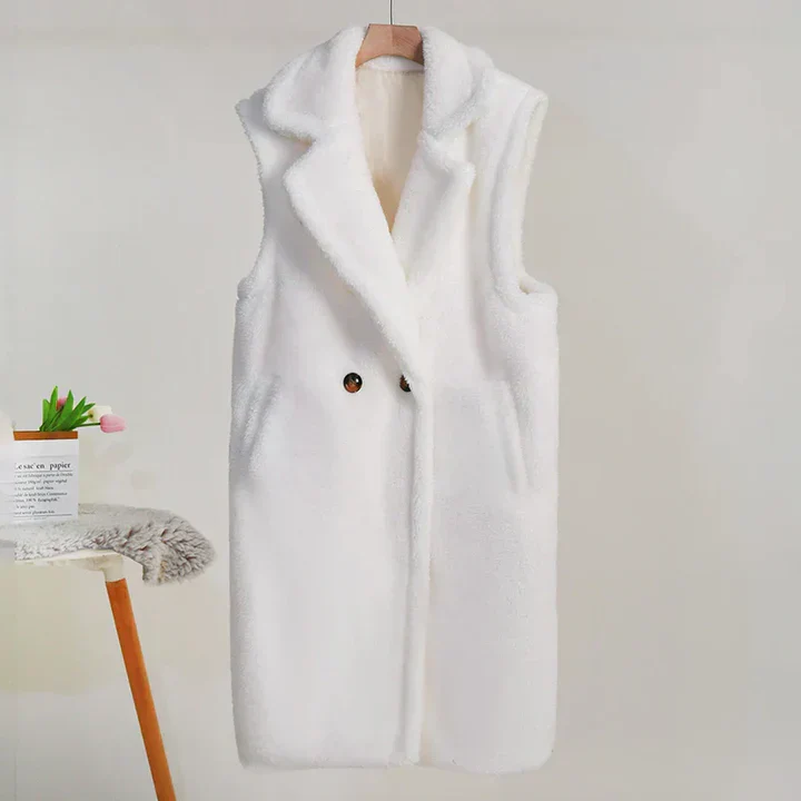Women's Sleeveless Coat – Oversized Fit – Teddy Look – Revere Collar – Mid-Length Model - Image 2
