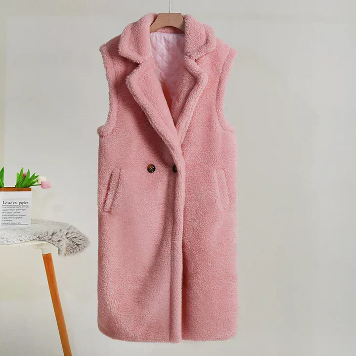 Women's Sleeveless Coat – Oversized Fit – Teddy Look – Revere Collar – Mid-Length Model - Image 4