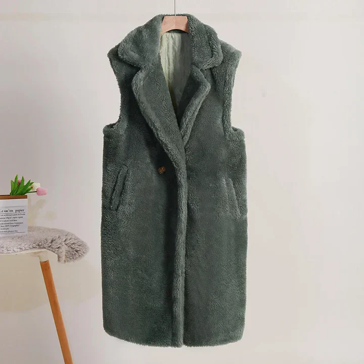 Women's Sleeveless Coat – Oversized Fit – Teddy Look – Revere Collar – Mid-Length Model - Image 5