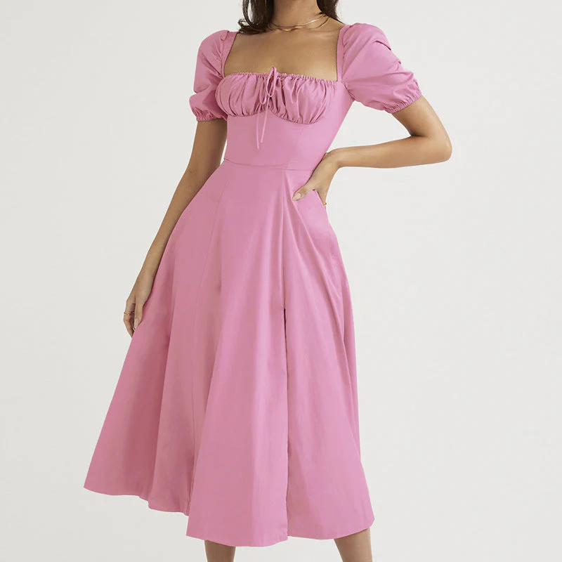Women's Off-Shoulder Dress – A-line – Puff Sleeves – Bow Detail – Split – Midi Length - Image 2