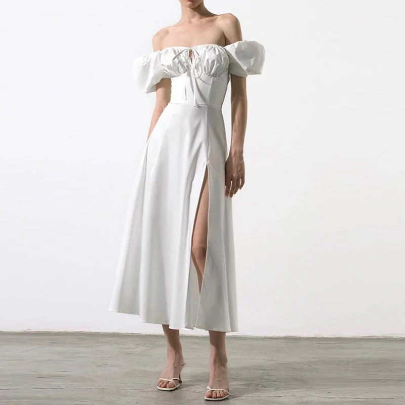 Women's Off-Shoulder Dress – A-line – Puff Sleeves – Bow Detail – Split – Midi Length - Image 4