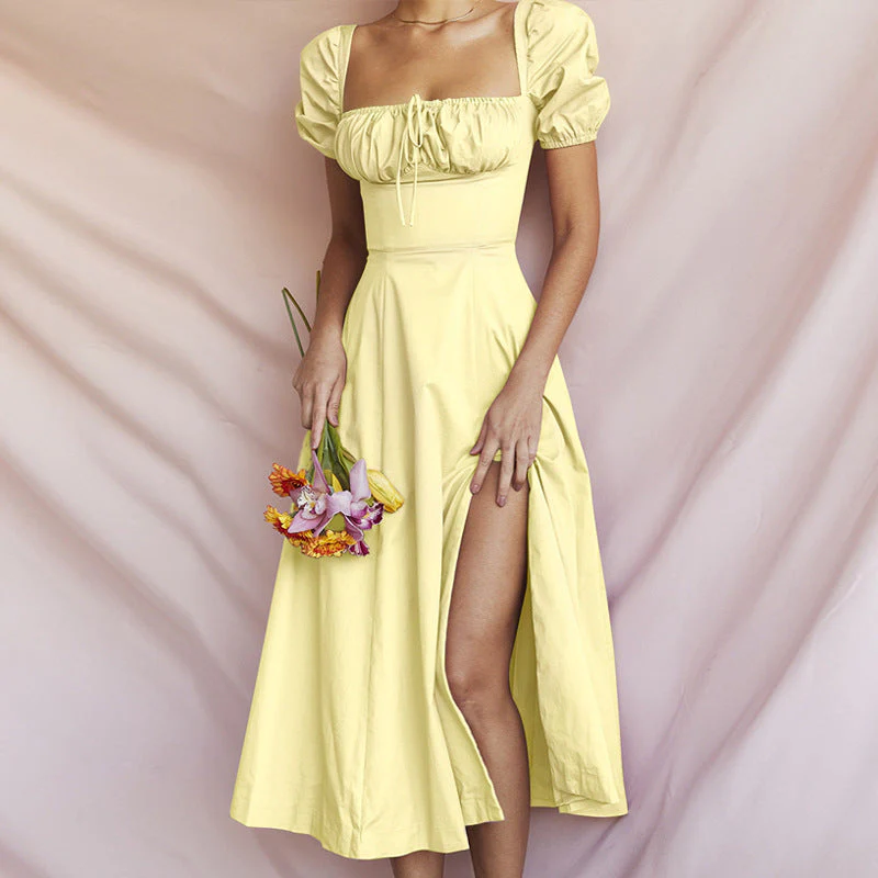 Women's Off-Shoulder Dress – A-line – Puff Sleeves – Bow Detail – Split – Midi Length - Image 5