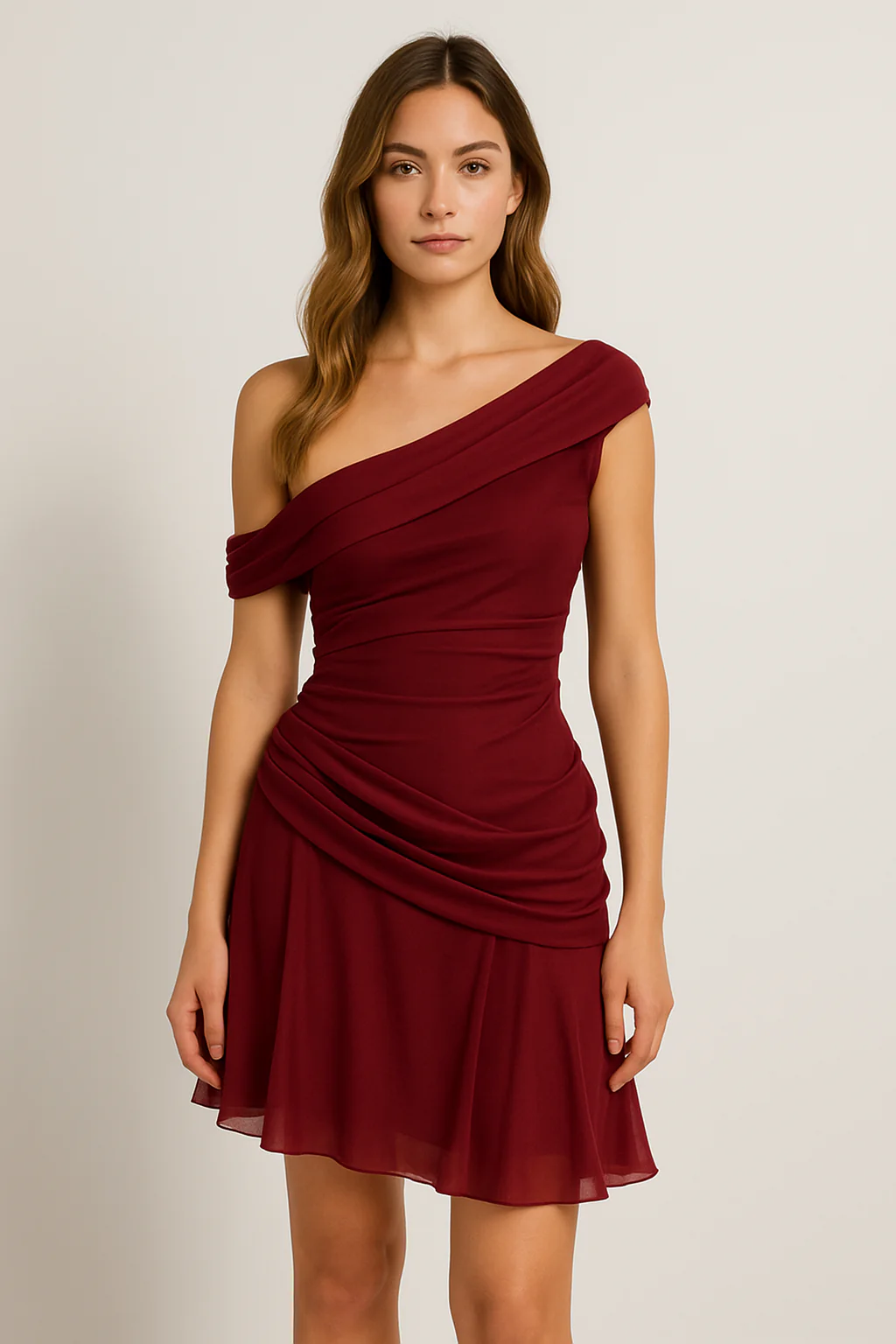 Ladies Off-Shoulder Dress – Flattering Ruching – Asymmetrical Hem – Elegant Fit - Image 2