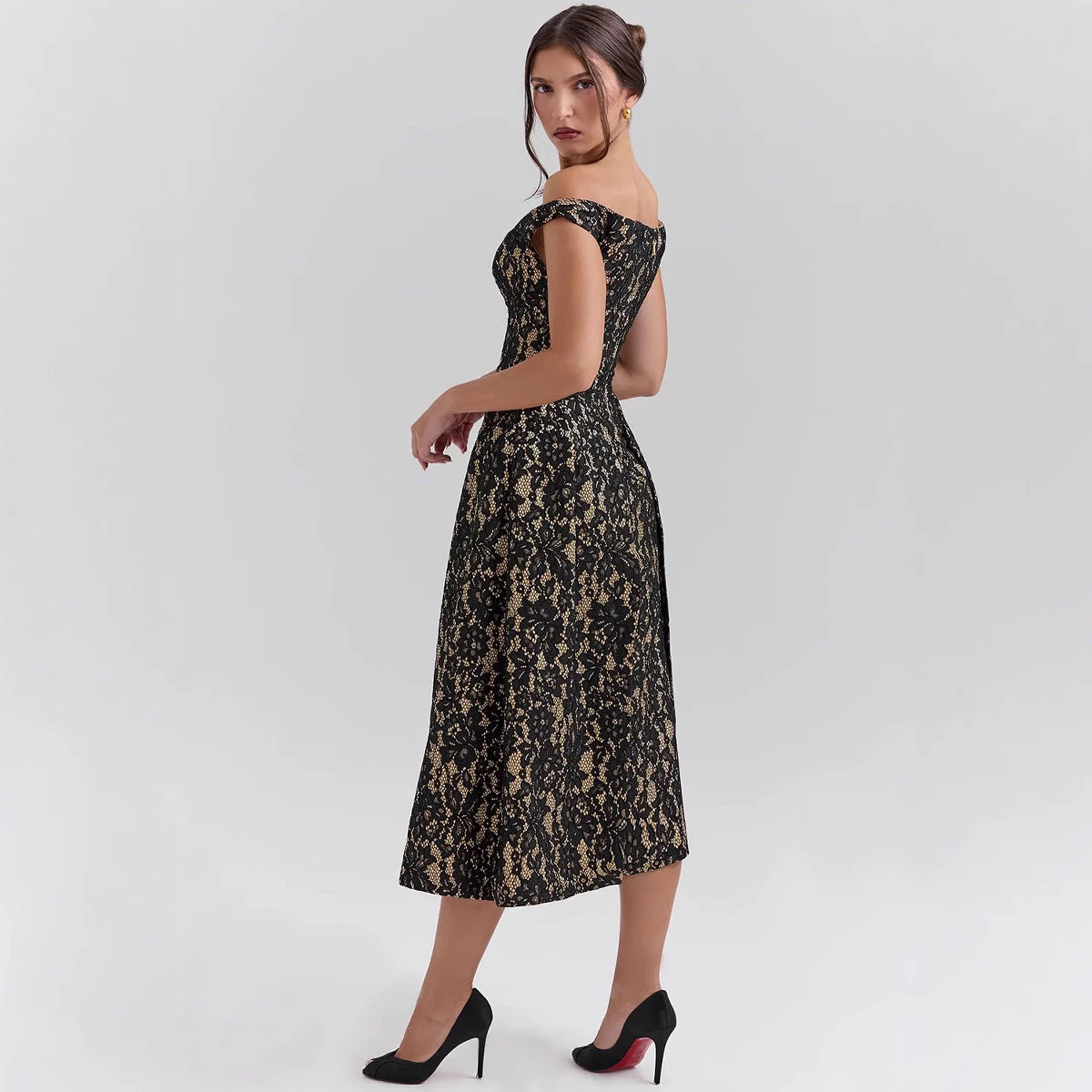 Ladies Off-Shoulder Dress – Lace Overlay – Open Back – Fitted Model – Elegant Look - Image 2