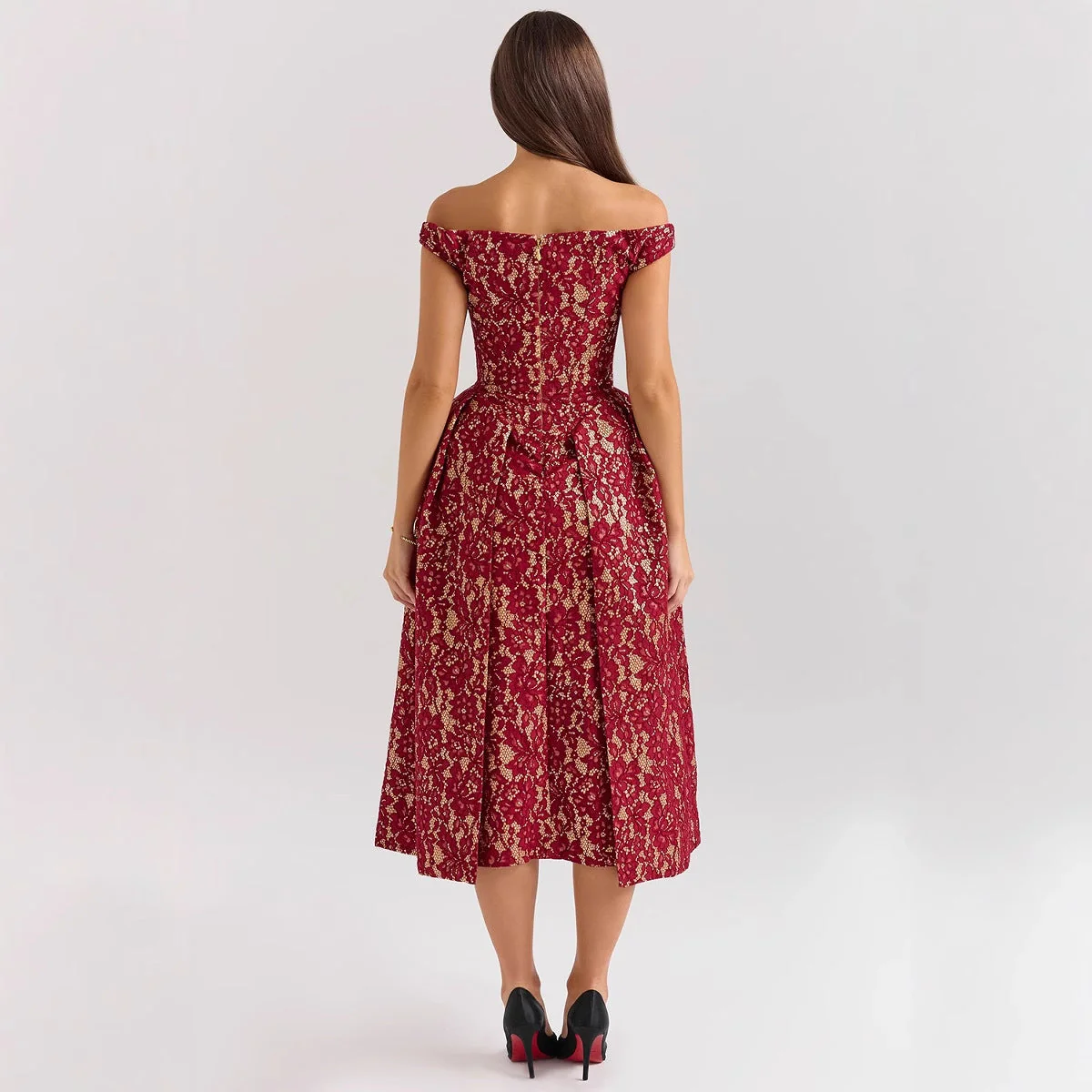 Ladies Off-Shoulder Dress – Lace Overlay – Open Back – Fitted Model – Elegant Look - Image 3