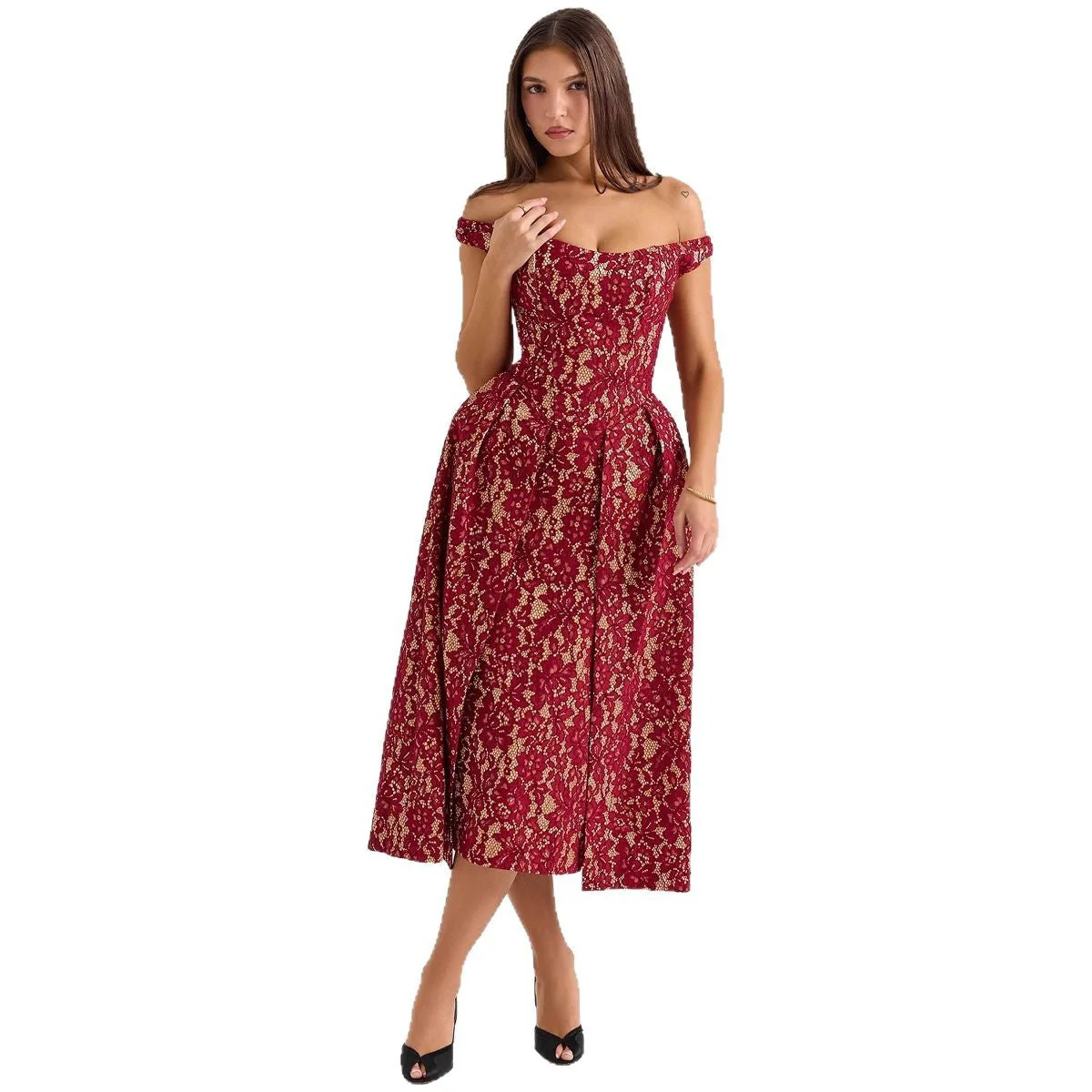 Ladies Off-Shoulder Dress – Lace Overlay – Open Back – Fitted Model – Elegant Look - Image 4
