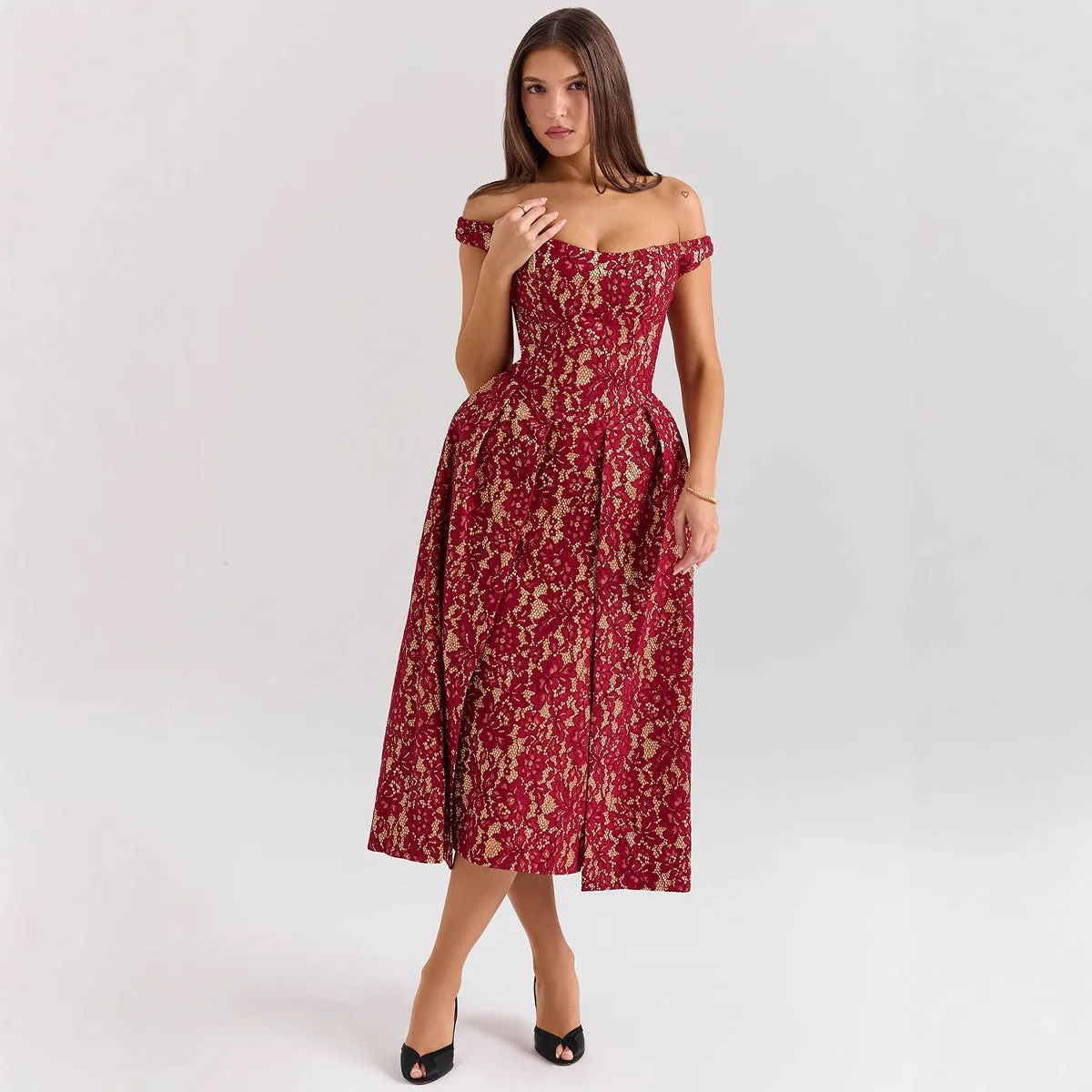Ladies Off-Shoulder Dress – Lace Overlay – Open Back – Fitted Model – Elegant Look - Image 5