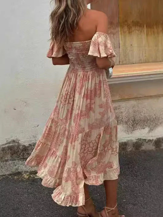 Women's Off-Shoulder Dress – Cotton Mix – Ruffles – Smocked Top – Midi – Layered Skirt - Image 2