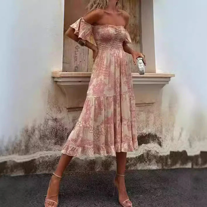 Women's Off-Shoulder Dress – Cotton Mix – Ruffles – Smocked Top – Midi – Layered Skirt - Image 3