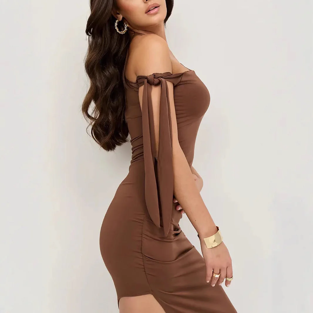 Women's Off-Shoulder Dress – Slim Fit – Asymmetrical Neckline – Ruched Sides – Midi Length - Image 2