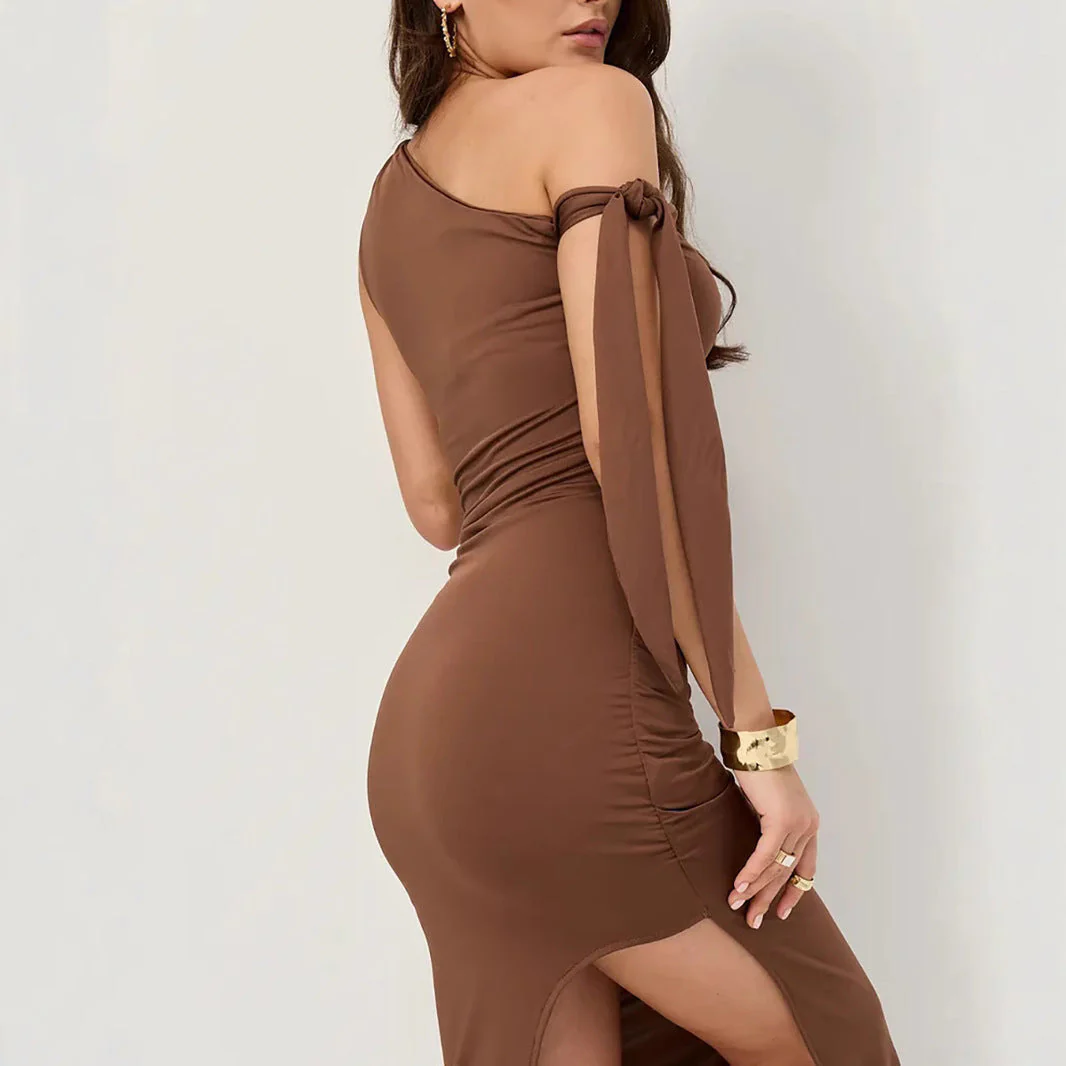 Women's Off-Shoulder Dress – Slim Fit – Asymmetrical Neckline – Ruched Sides – Midi Length - Image 3