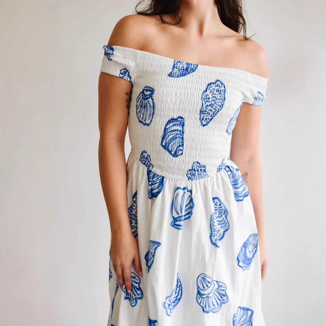 Women's Off-Shoulder Dress – Smock Top – Cotton Blend – A-line – Shell Print – Midi Length - Image 2