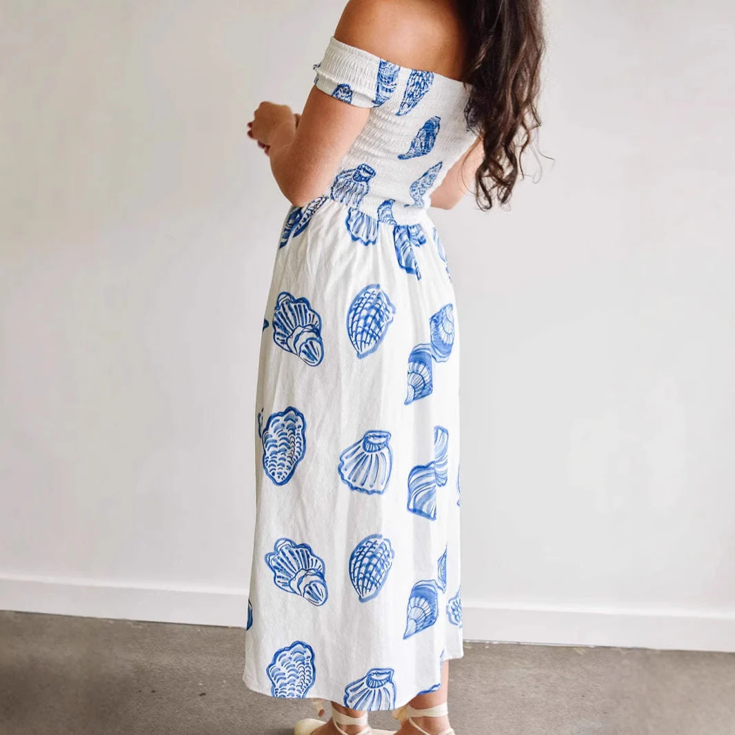 Women's Off-Shoulder Dress – Smock Top – Cotton Blend – A-line – Shell Print – Midi Length - Image 3