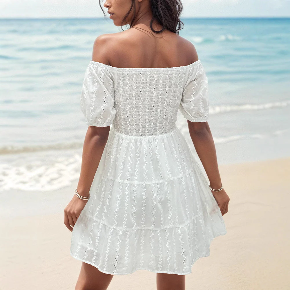 Ladies Off-Shoulder Dress – Smocktop – Puff Sleeves – Cotton Lined – A-line Eyelet - Image 2