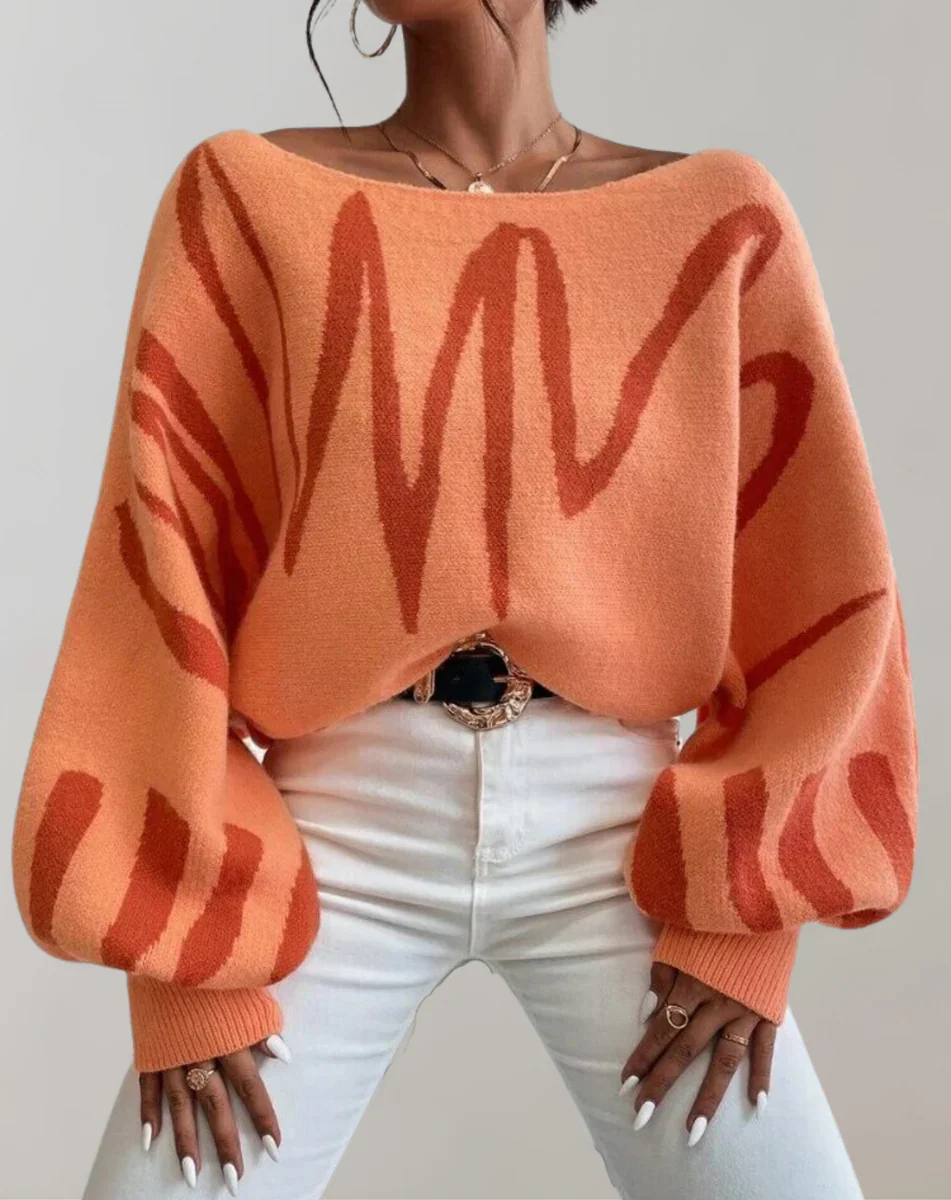 Ladies Off-Shoulder Top – Knitted – Loose-Fitting Model – Lantern Sleeves – Cropped Design - Image 2