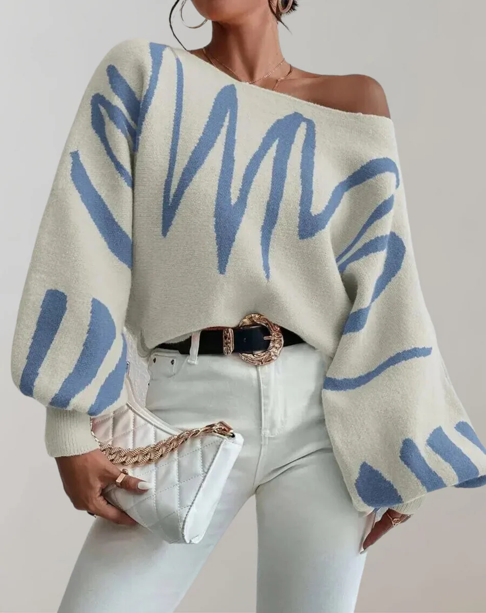 Ladies Off-Shoulder Top – Knitted – Loose-Fitting Model – Lantern Sleeves – Cropped Design - Image 3