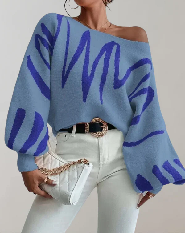 Ladies Off-Shoulder Top – Knitted – Loose-Fitting Model – Lantern Sleeves – Cropped Design - Image 4